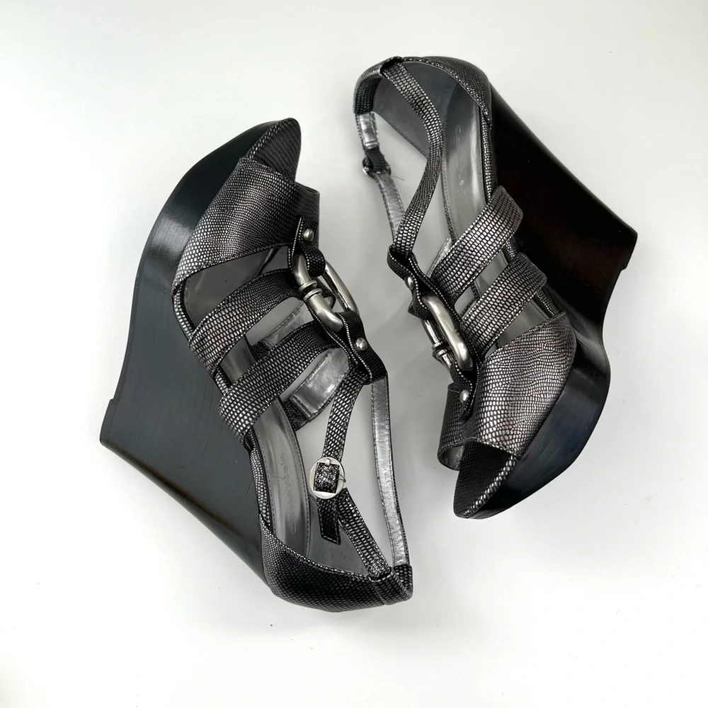 CALVIN KLEIN Wedges Black/Silver Lizard Print | Women’s Size 8
